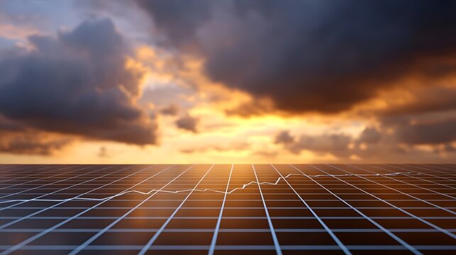 Solar panel grid illuminated by warm sunset light with dramatic stormy clouds in the background and a financial data graph overlaid