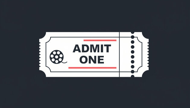 A classic white 'Admit One' movie ticket stub with a film reel icon, designed as a simple vector illustration for cinema and entertainment themes