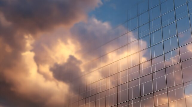 Modern glass skyscraper facade reflecting dramatic golden clouds at dusk