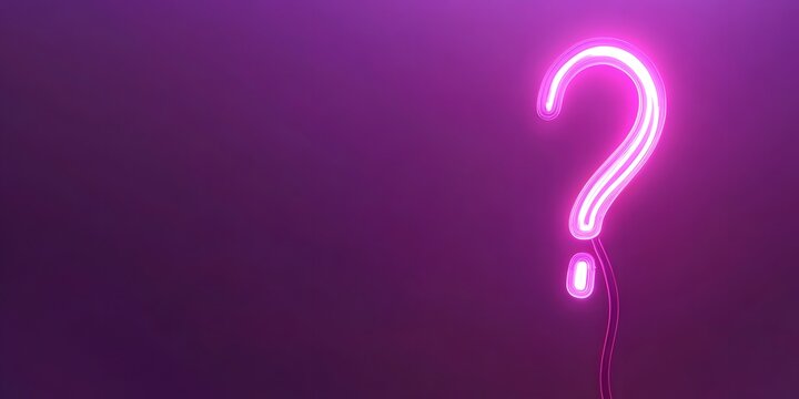 Bright pink neon question mark glowing against a dark purple background symbolizing mystery confusion and the need for answers - Powered by Adobe