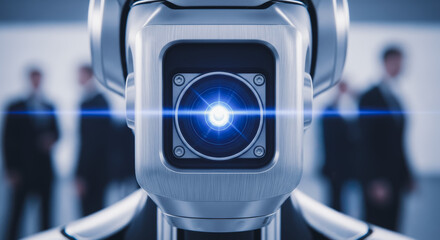 A close-up shot of a robot's face with a glowing eye, conveying a sense of futuristic technology. In the blurred background, several business people dressed in suits are standing.