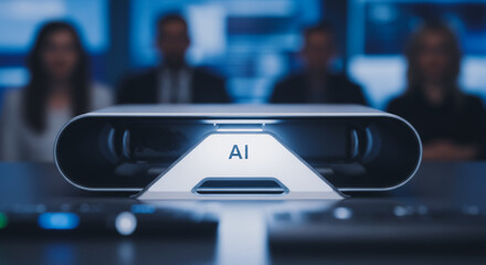 An artistic rendition of an AI device positioned on a table in front of a team, exuding modern technological innovation.  A focused and dynamic team of professionals huddles in the background.
