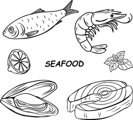 Hand drawn Mediterranean seafood set with sardine ,steak ,shrimp, mussel, tuna lemon and herb accents. Italian Lunch, dinner doodle icons. Menu, packaging, recipe books, healthy Mediterranean cuisine 