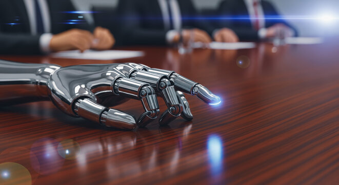 A striking image captures a polished chrome robotic hand resting on a mahogany conference table, subtly interacting with a group of business professionals in a setting.