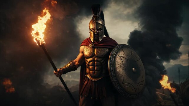 Powerful spartan warrior with torch and shield standing amidst smoke and fire, historical