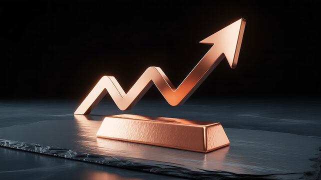 Shiny copper or rose gold 3d rendering of an upward trending line graph arrow rising above a metallic gold bar, symbolizing investment growth and market success
