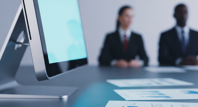 Business meeting focusing on collaboration and digital work with monitor. A modern office setup showing two professionals.