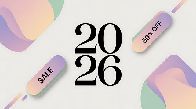 New year 2026 sale promotion banner with 50 percent off discount tag and abstract pastel color gradient shapes on light background for holiday marketing concept