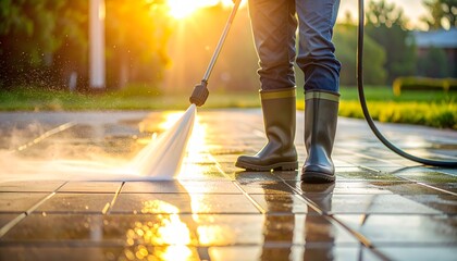 Man Using Pressure Washer Cleans Pavement, Sun Shining Outdoor Cleaning Task Detail
