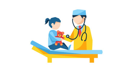 Pediatrician examining a young child with a teddy bear on an examination table.