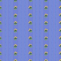 Abstract hand draw orange rose with small leaves and light blue vertical stripes on light purple background. Textile design art seamless pattern.