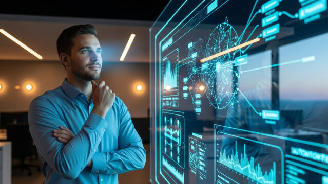 Confident IT Professional Looking at a Futuristic Data Screen - Powered by Adobe