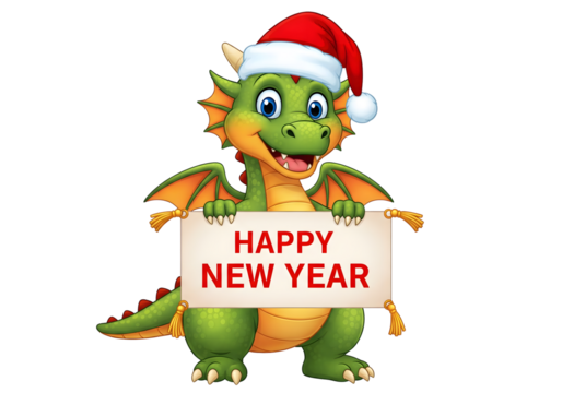 Cute green dragon wearing santa hat holding happy new year sign