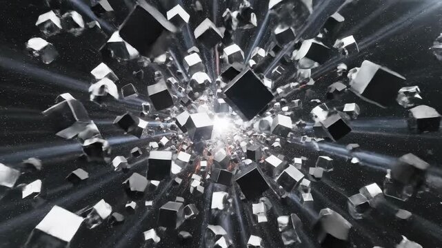 Hard edged abstract geometric shapes of chrome and black rapidly compressing and forcefully expanding visualizing stored mechanical energy structure, tension, forcefully