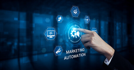 Marketing automation diagram showcase AI-driven campaign workflow, highlight marketing automation, data-driven strategy, marketing automation tools, and market automation process in business. Spline