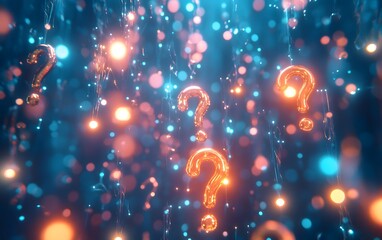 Abstract background of glowing orange question marks and bokeh lights creating a sense of mystery and curiosity in a digital space