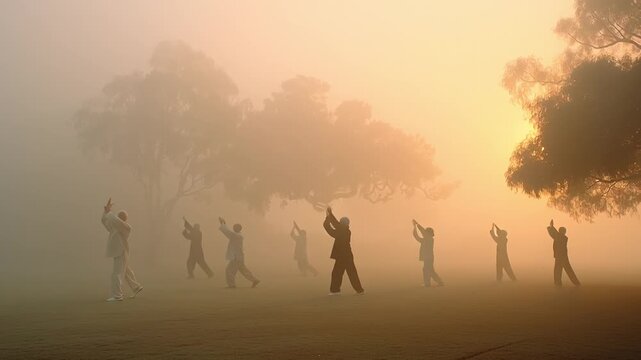 Group of individuals practicing tai chi in a serene foggy landscape, showcasing graceful movements and soft sunlight, camera pans across the scene