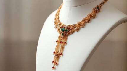 Elegant beaded necklace with a central green gemstone on a mannequin