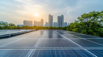 Fototapeta premium Solar panels on a rooftop with city buildings and trees in the background during a sunny day time scene