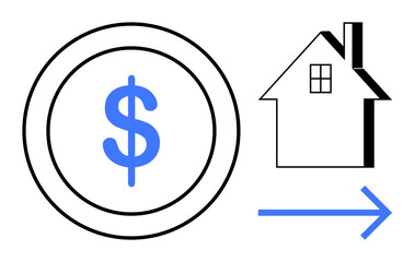 Real estate, financial transactions, homeownership, investments, economy, property management. A dollar symbol next to a house with an arrow. Real estate and financial transactions concept