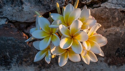 Plumeria Blooms in Golden Light on Rock Wall Captivating Floral Still Life