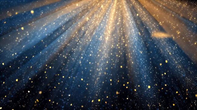 A radiant digital artwork depicting celestial light filtering through space, with sparkling particles and gradients of gold and blue