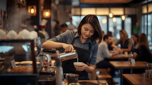 Focused barista preparing fresh espresso at modern café counter, showcasing professional coffee craft in warm ambient setting with attentive service