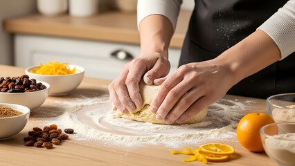 Hands Kneading Dough with Baking Ingredients in a Modern Kitchen