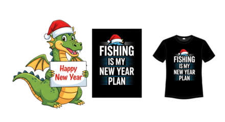 Dragon wearing santa hat holds happy new year sign next to fishing t shirt design
