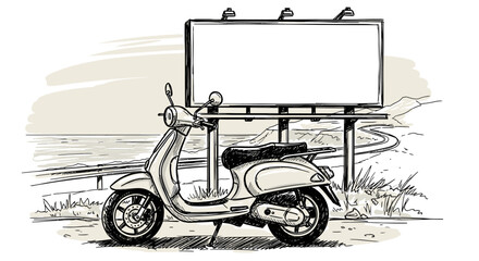 An elegant hand-drawn sketch depicts a classic scooter parked along a winding coastal road next to a prominent blank advertising billboard.