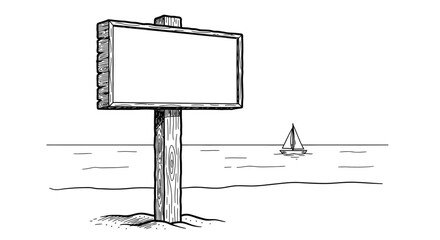 A hand-drawn sketch illustrates a blank wooden signpost on a tranquil beach, offering a customizable space for text, with a sailboat on the distant ocean.
