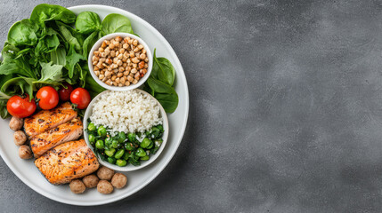 Grilled salmon bowl with cauliflower rice, chickpea and green salad, healthy meal