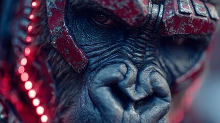 Fototapeta premium A close-up of a gorilla with a futuristic red and metallic helmet, featuring glowing lights and detailed textures, evoking a sci-fi warrior theme.