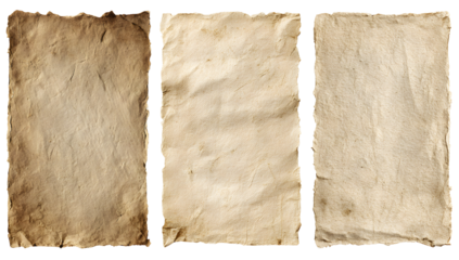 Three vertical rectangles of aged textured paper with rough torn edges displaying subtle variations in color and surface detail isolated on transparent background