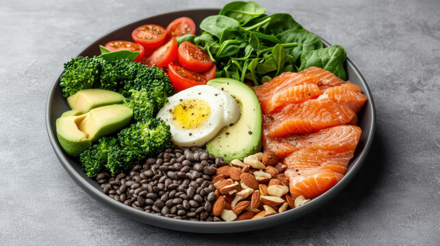 Fresh salmon avocado egg broccoli spinach tomato protein salad bowl calm nutritious - Powered by Adobe