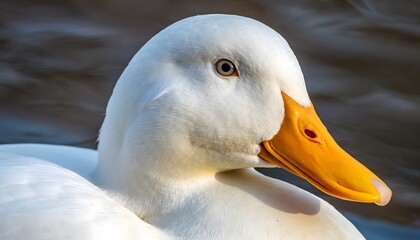 Close-up shot of a domestic white duck with its bright orange beak and detailed eye