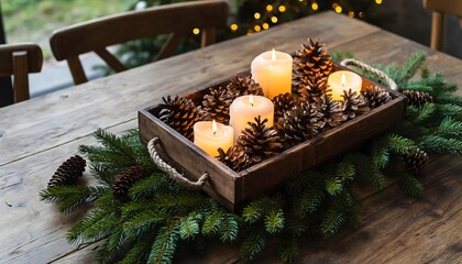 Warm glow of Christmas candles and pinecones creating a festive holiday centerpiece on a rustic wooden table
