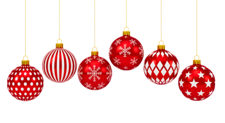 Six red christmas ornaments with white patterns hanging on black background