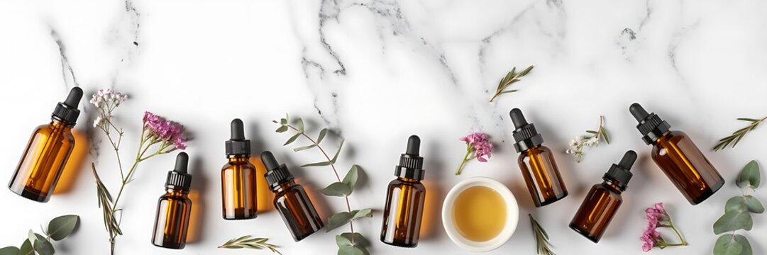Amber dropper bottles with essential oils and botanicals on marble amber bottles aromatherapy - Powered by Adobe