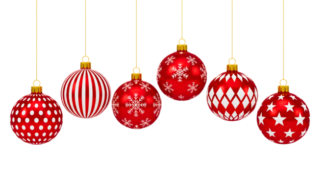 Six red christmas ornaments with white patterns hanging on black background