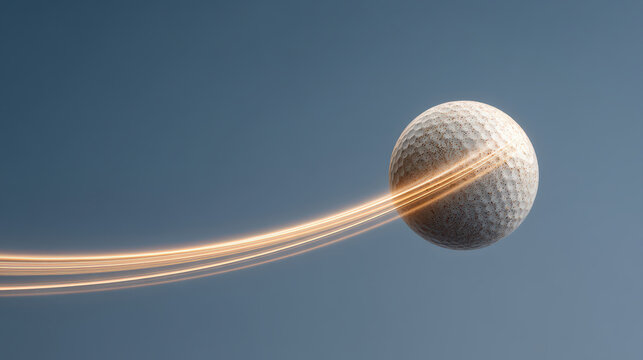 Golf ball is captured motion against clear blue sky, showcasing its dynamic trajectory with glowing trail that emphasizes speed and precision. This evokes excitement and energy associated with