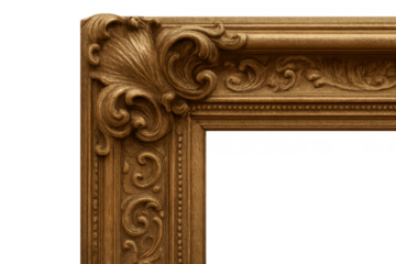 Ornate antique carved wooden frame corner with baroque pattern and elaborate rococo decoration, transparent background