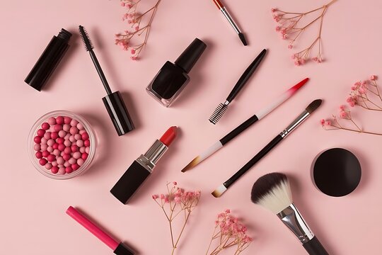 Flat lay makeup products and brushes on pink background with flowers cosmetics - Powered by Adobe
