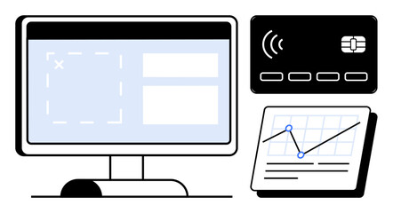Computer screen with UI elements, payment card, and analytics chart with data points. Ideal for fintech, e-commerce, dashboard design, UX, technology business growth digital economy. Simple flat