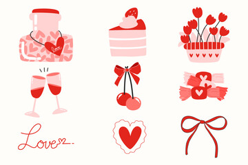 set of red hearts and flowers valentine day valentines with design elements
