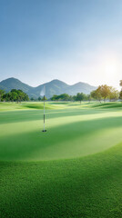 Obraz premium Serene golf course landscape showcases lush green grass and flag gently waving in breeze. mountains in background create stunning backdrop for perfect day of golf