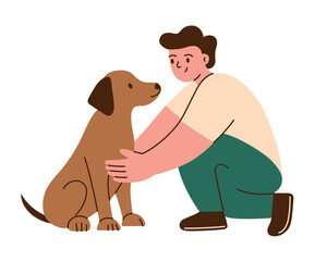 Obraz premium Vector illustration in flat cartoon style with man and large brown dog sitting together, friendly pet interaction, owner bonding scene for animal care themes, warm communication