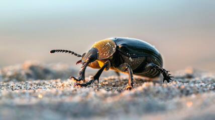 Ultra close-up of a dark, shiny beetle with a grainy thorax walking across rough sand in soft, golden light.