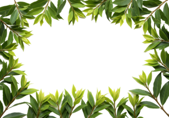 Vibrant green laurel branches, glossy dark mature and tender light new growth, pristine, frame central copy space on transparent, soft studio light. Concept of natural freshness and purity