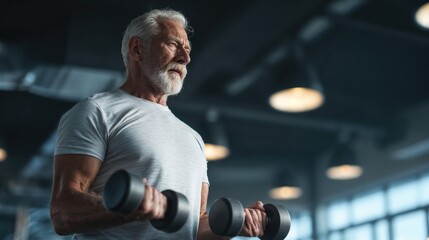 Senior man lifts dumbbells with determination in modern gym